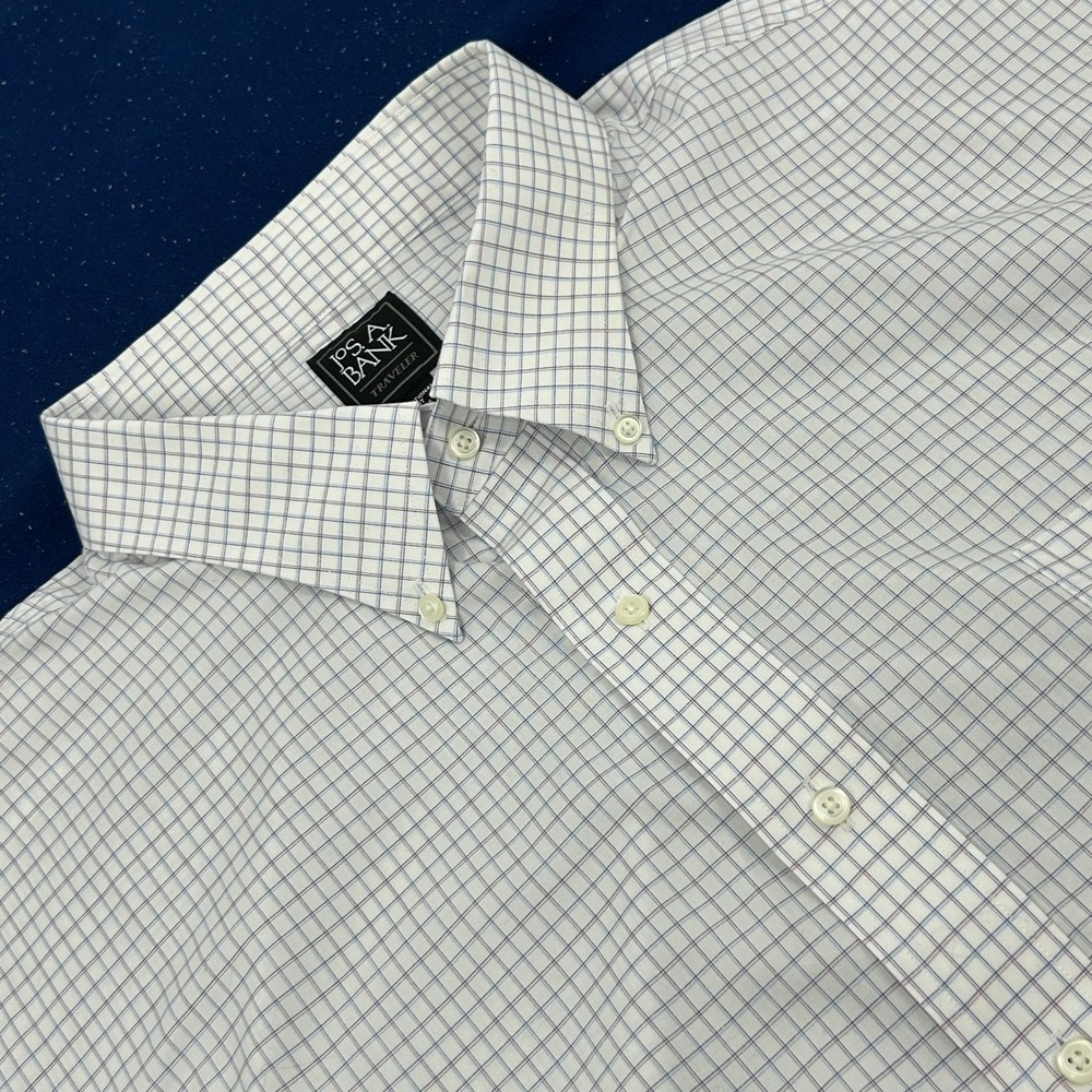 Jos. A. Bank Traveler Dress Shirt Men 20 36 White Blue Check Traditional Fit NEW